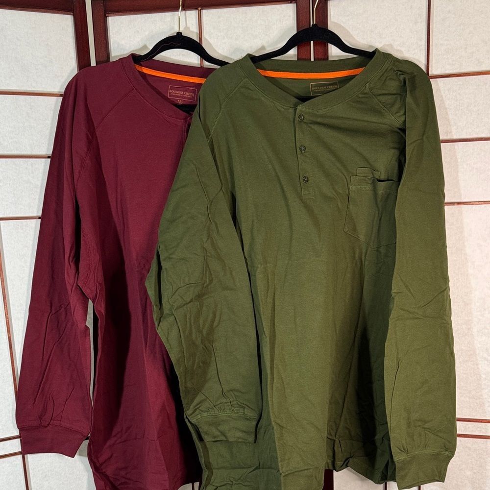 Men's Long Sleeve Henley Shirts - Green and Burgundy